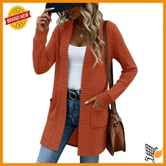 Long Ribbed Cardigan Sweater with Patch Pockets Lightweight Loose Fit - Picture 1 of 8